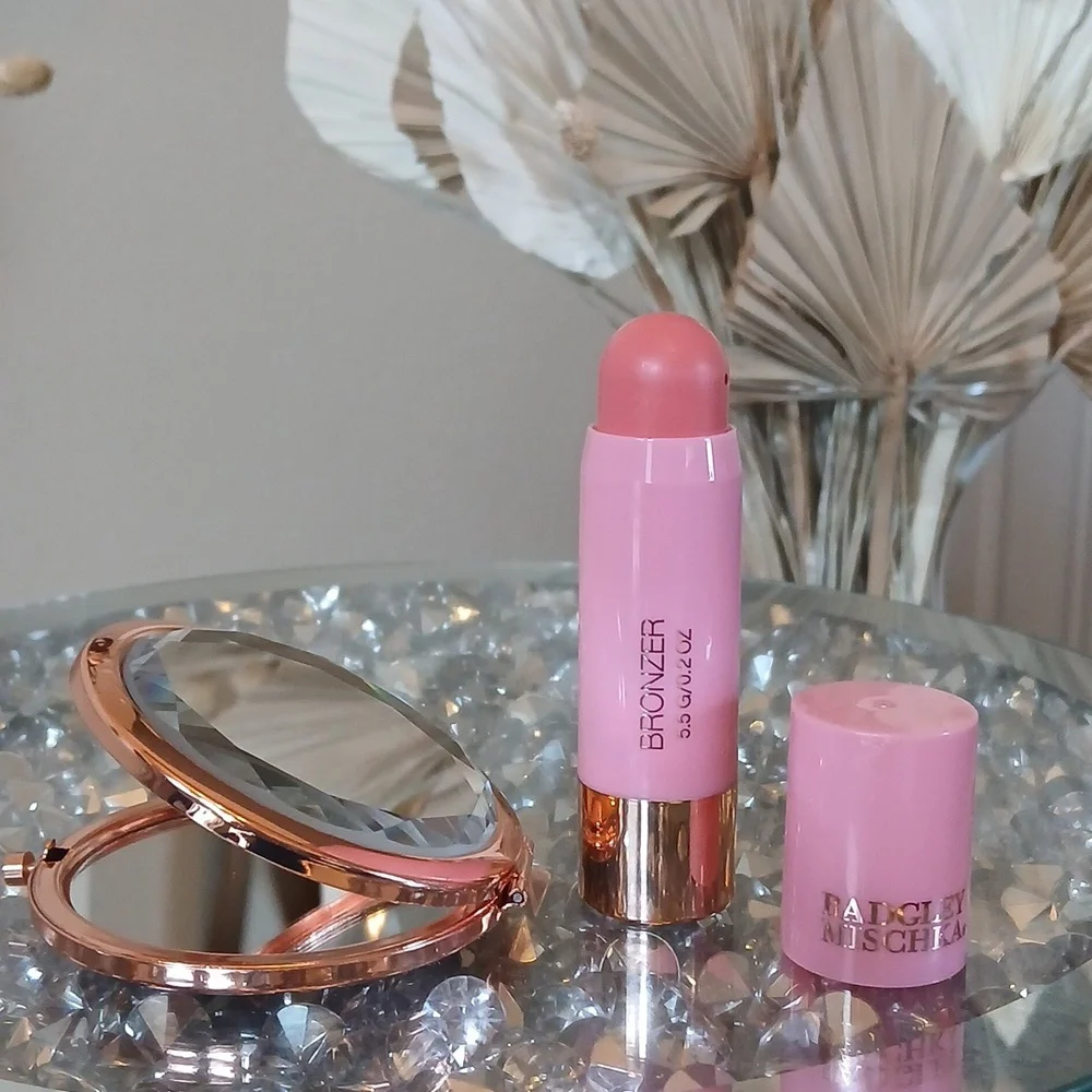New Badgley Mischka Pink Blush Stick And Rose Gold Compact Mirrow 2pc